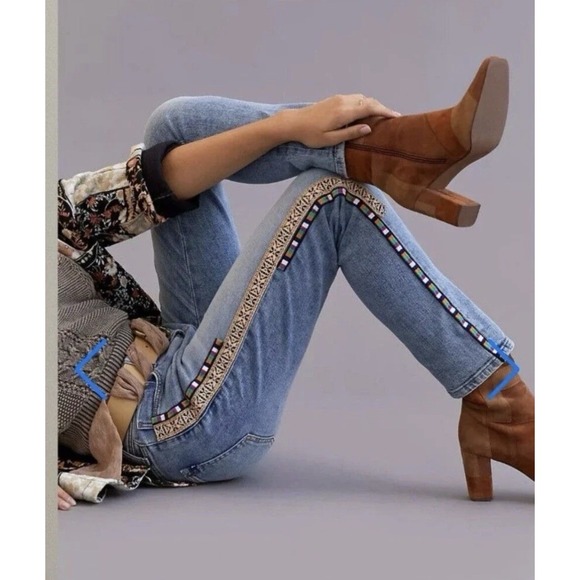 Pilcro by Anthropologie Denim - Pilcro Anthropologie Boyfriend Crop Jeans 27 Blue Embellished Boho Slim Fit